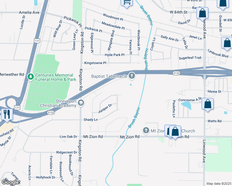 map of restaurants, bars, coffee shops, grocery stores, and more near 1604 Applewood Drive in Shreveport