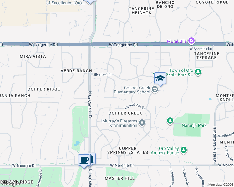 map of restaurants, bars, coffee shops, grocery stores, and more near 11660 North Mineral Park Way in Tucson