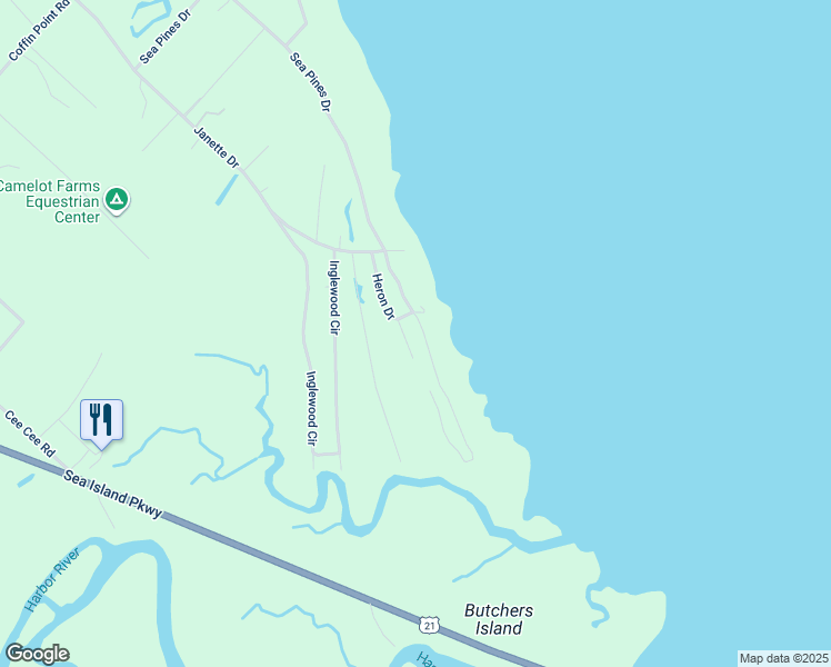 map of restaurants, bars, coffee shops, grocery stores, and more near 33 Heron Drive in Saint Helena Island