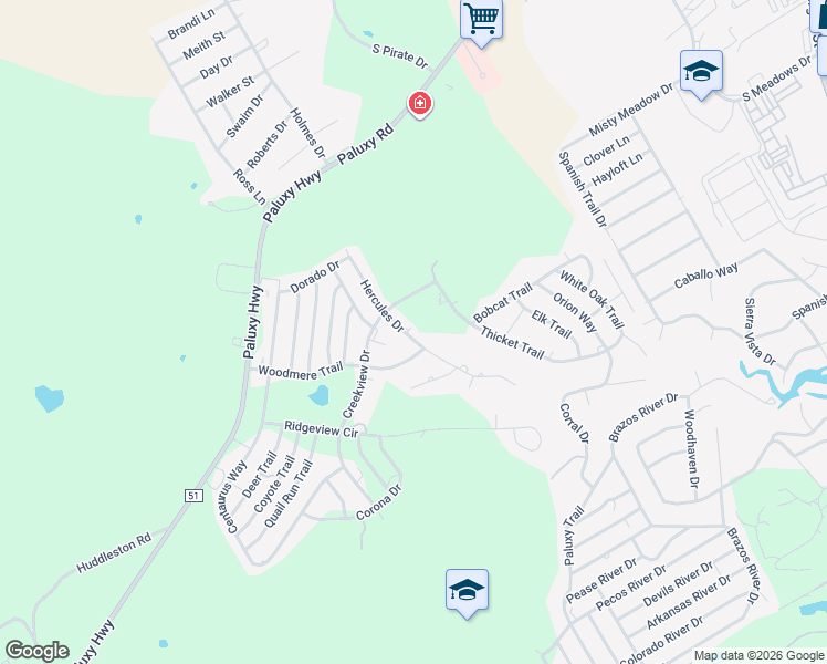 map of restaurants, bars, coffee shops, grocery stores, and more near 2315 Hercules Drive in Granbury