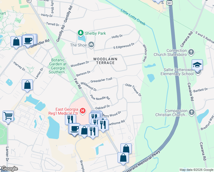 map of restaurants, bars, coffee shops, grocery stores, and more near 213 Wildwood Dr in Statesboro