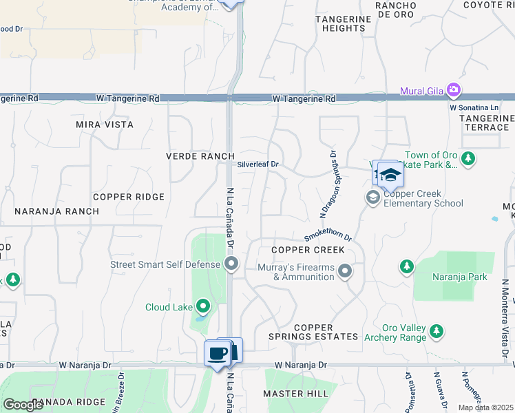 map of restaurants, bars, coffee shops, grocery stores, and more near 11677 North Copper Creek Drive in Tucson