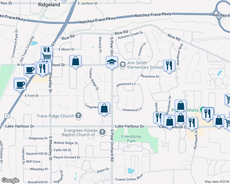 map of restaurants, bars, coffee shops, grocery stores, and more near 303 Pinewood Lane in Ridgeland