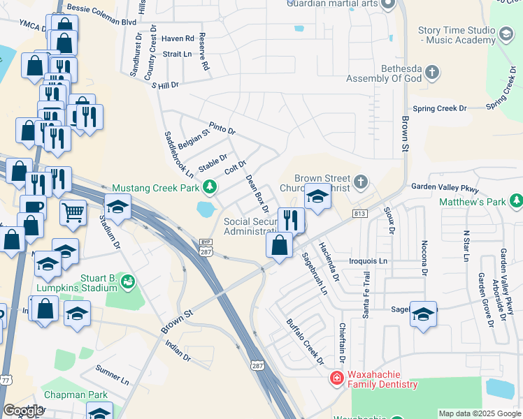 map of restaurants, bars, coffee shops, grocery stores, and more near 210 Blue Roan Drive in Waxahachie