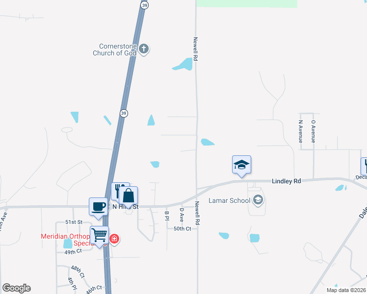 map of restaurants, bars, coffee shops, grocery stores, and more near 5435 Newell Road in Meridian