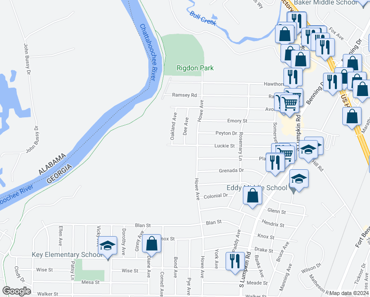 map of restaurants, bars, coffee shops, grocery stores, and more near 2866 Luckie Street in Columbus
