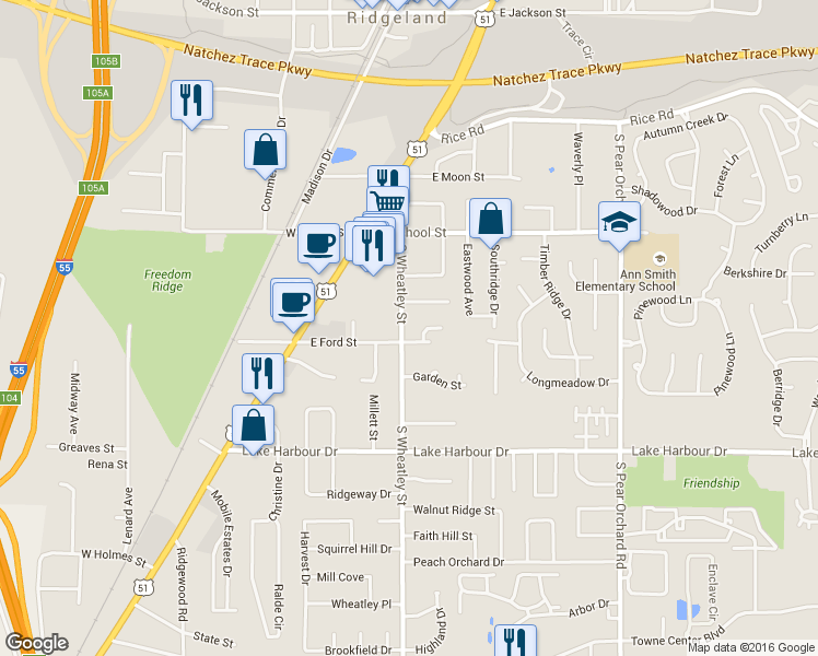 map of restaurants, bars, coffee shops, grocery stores, and more near 390 South Wheatley Street in Ridgeland