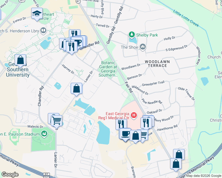 map of restaurants, bars, coffee shops, grocery stores, and more near 15 Whitestone Road in Statesboro