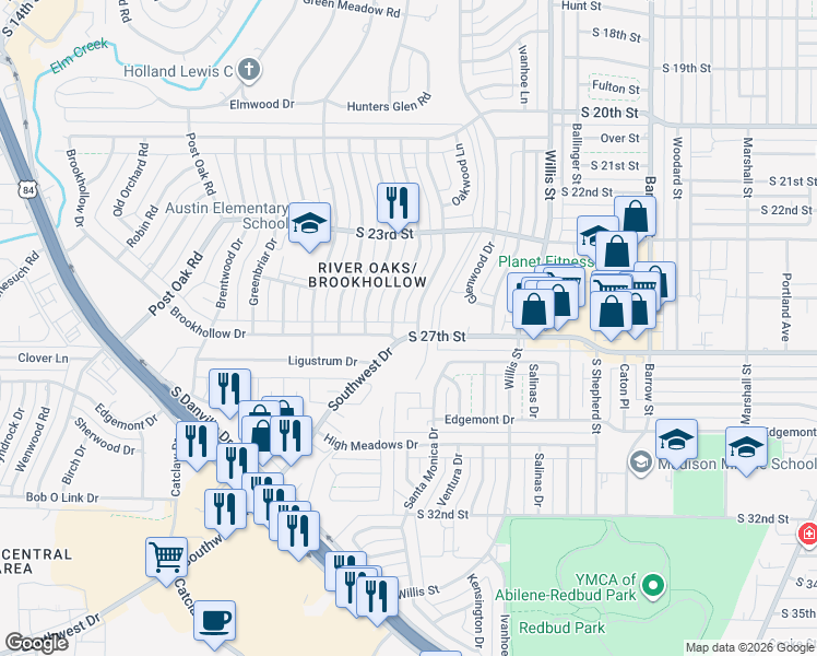 map of restaurants, bars, coffee shops, grocery stores, and more near 3410 South 27th Street in Abilene