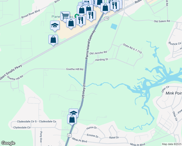 map of restaurants, bars, coffee shops, grocery stores, and more near 290 Parris Island Gateway in Beaufort