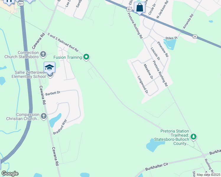 map of restaurants, bars, coffee shops, grocery stores, and more near Railroad Bed S&S Road in Statesboro