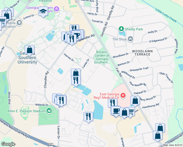 map of restaurants, bars, coffee shops, grocery stores, and more near 9 University Place in Statesboro