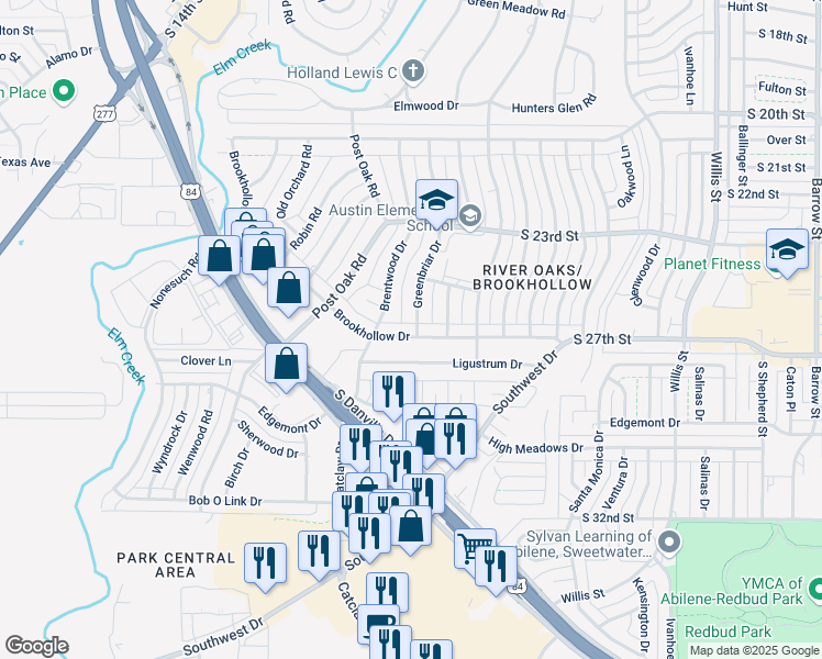 map of restaurants, bars, coffee shops, grocery stores, and more near 4018 Brookhollow Drive in Abilene