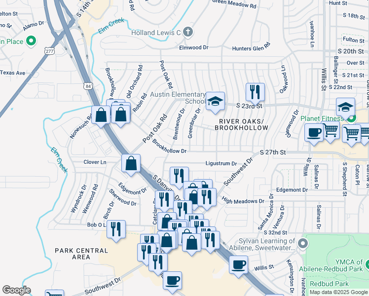 map of restaurants, bars, coffee shops, grocery stores, and more near 4018 Brookhollow Drive in Abilene
