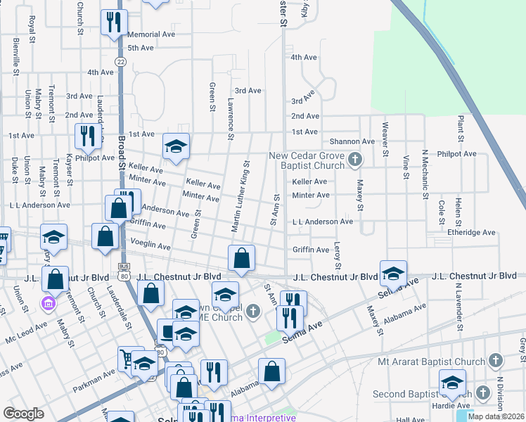 map of restaurants, bars, coffee shops, grocery stores, and more near 1421 Saint Ann Street in Selma