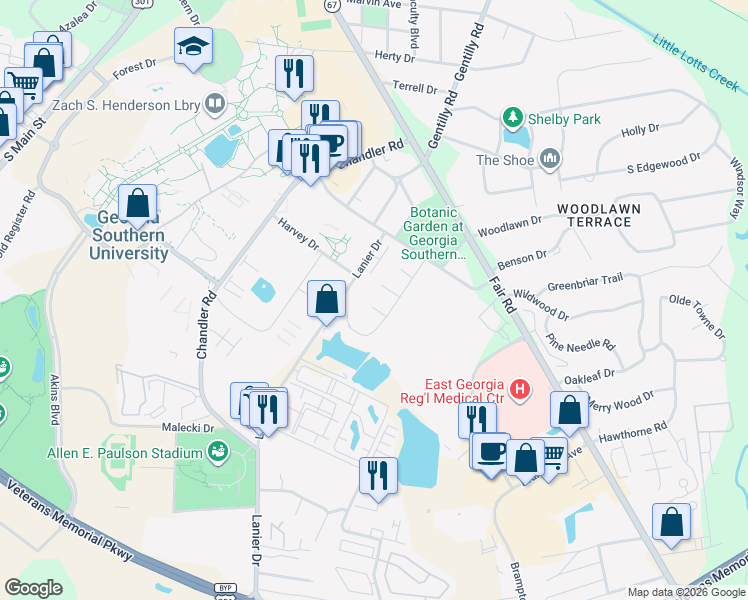 map of restaurants, bars, coffee shops, grocery stores, and more near 4 Southern Court in Statesboro