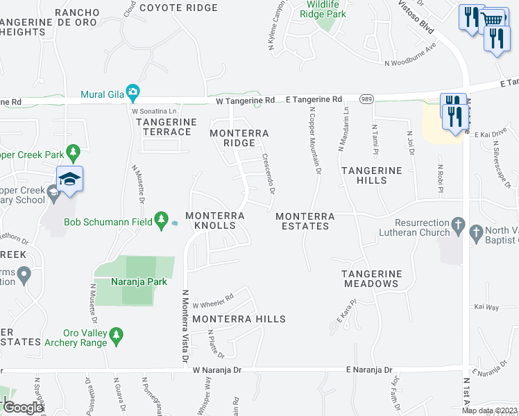 map of restaurants, bars, coffee shops, grocery stores, and more near 265 West Azmataz Road in Tucson