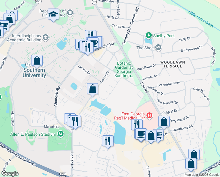 map of restaurants, bars, coffee shops, grocery stores, and more near 16b University Place in Statesboro