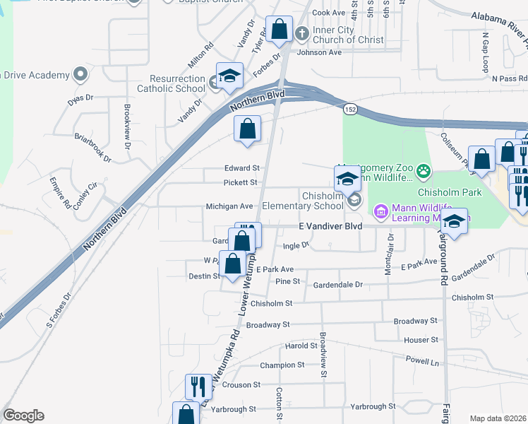 map of restaurants, bars, coffee shops, grocery stores, and more near 3 East Vandiver Boulevard in Montgomery