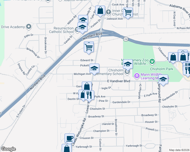 map of restaurants, bars, coffee shops, grocery stores, and more near 3 East Vandiver Boulevard in Montgomery