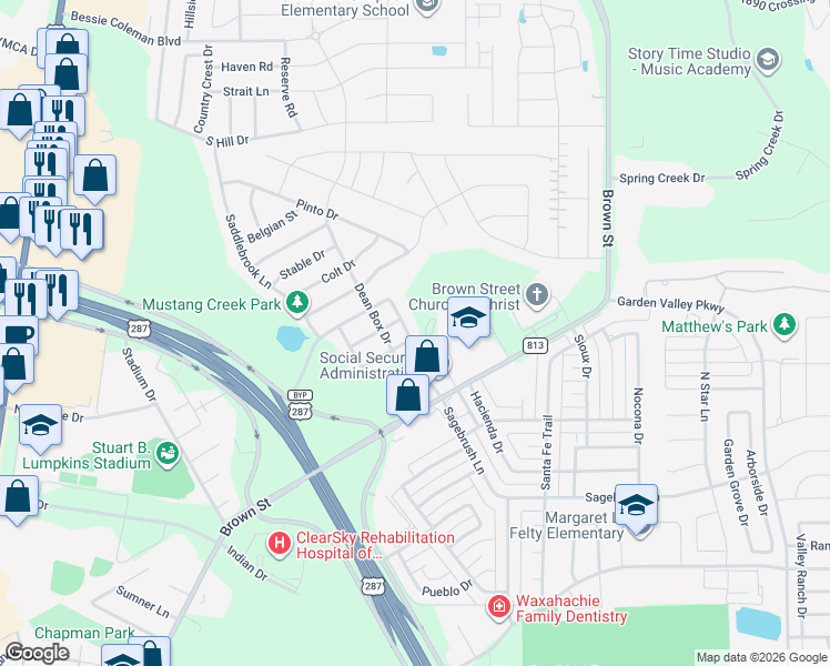 map of restaurants, bars, coffee shops, grocery stores, and more near 100 Branding Iron Drive in Waxahachie