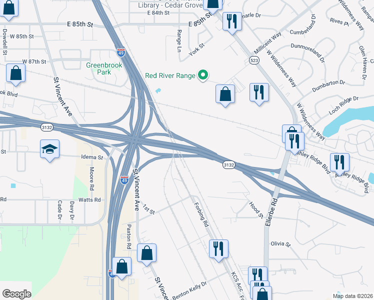 map of restaurants, bars, coffee shops, grocery stores, and more near Inner Loop Expressway in Shreveport