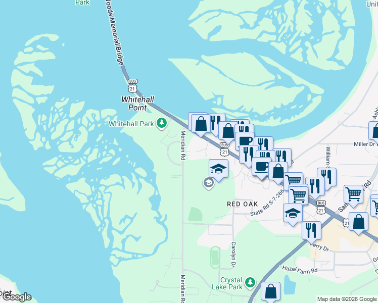 map of restaurants, bars, coffee shops, grocery stores, and more near 21 Meridian Road in Beaufort