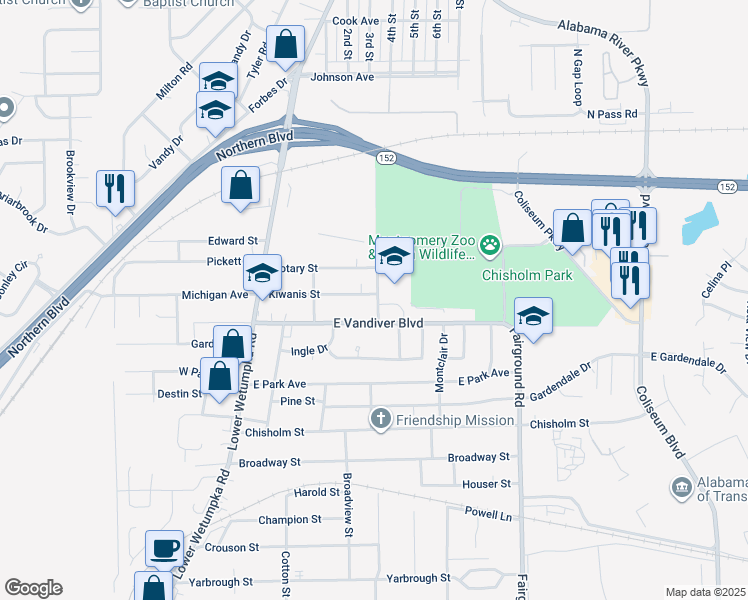 map of restaurants, bars, coffee shops, grocery stores, and more near 138 Kiwanis Street in Montgomery