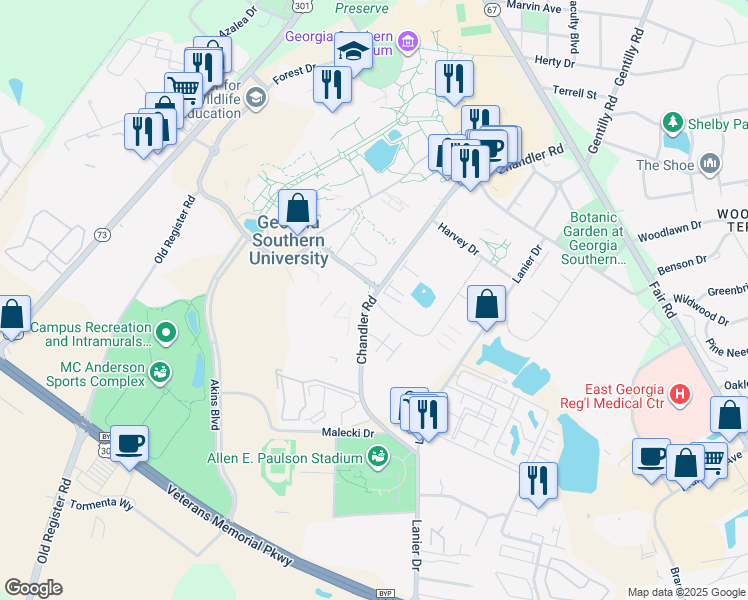 map of restaurants, bars, coffee shops, grocery stores, and more near 403 Knight Drive in Statesboro