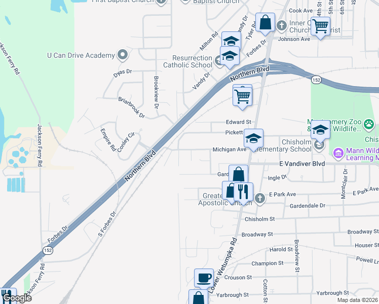 map of restaurants, bars, coffee shops, grocery stores, and more near 3115 Lucian Lane in Montgomery