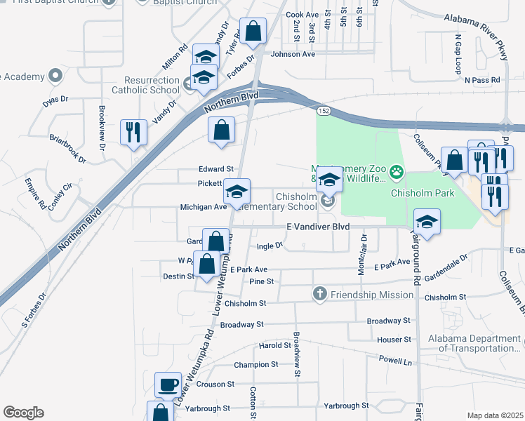 map of restaurants, bars, coffee shops, grocery stores, and more near 14 Kiwanis Street in Montgomery