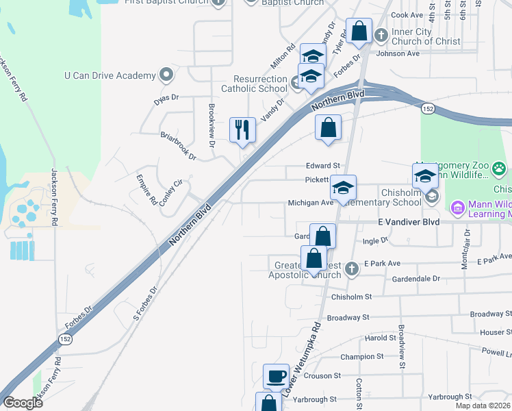 map of restaurants, bars, coffee shops, grocery stores, and more near 3115 Lucian Lane in Montgomery