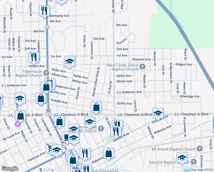 map of restaurants, bars, coffee shops, grocery stores, and more near 1421 Saint Ann Street in Selma