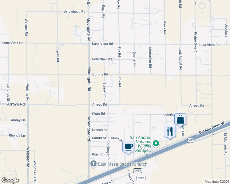 map of restaurants, bars, coffee shops, grocery stores, and more near 6544 Sunray Street in Las Cruces