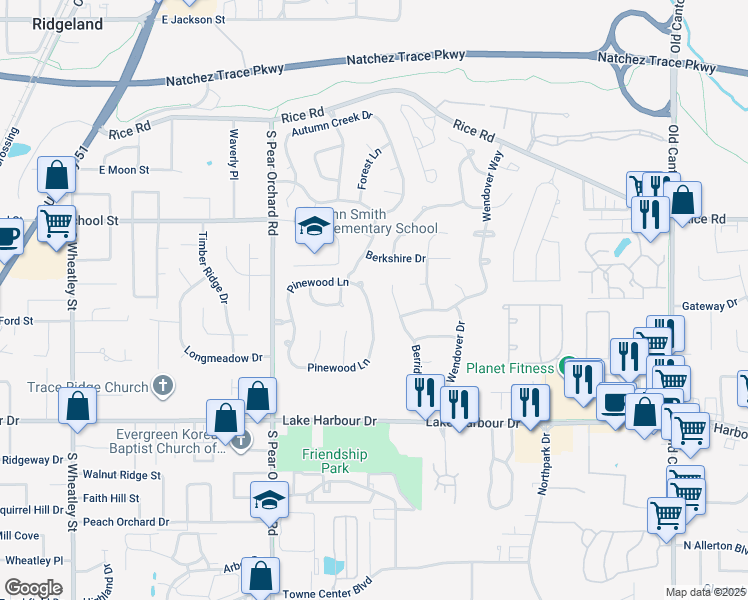 map of restaurants, bars, coffee shops, grocery stores, and more near 341 Pinewood Lane in Ridgeland