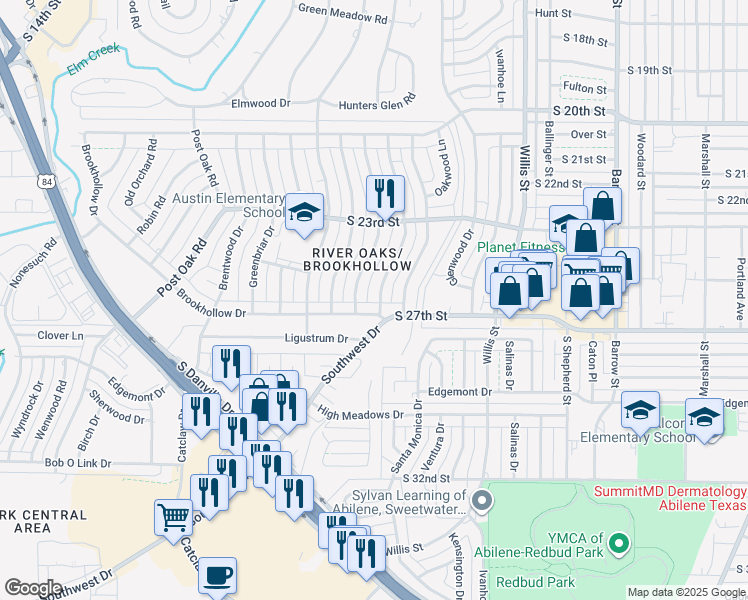 map of restaurants, bars, coffee shops, grocery stores, and more near 2602 Sylvan Drive in Abilene