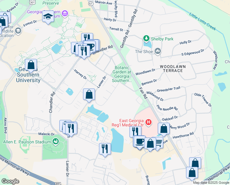 map of restaurants, bars, coffee shops, grocery stores, and more near 10 University Place in Statesboro