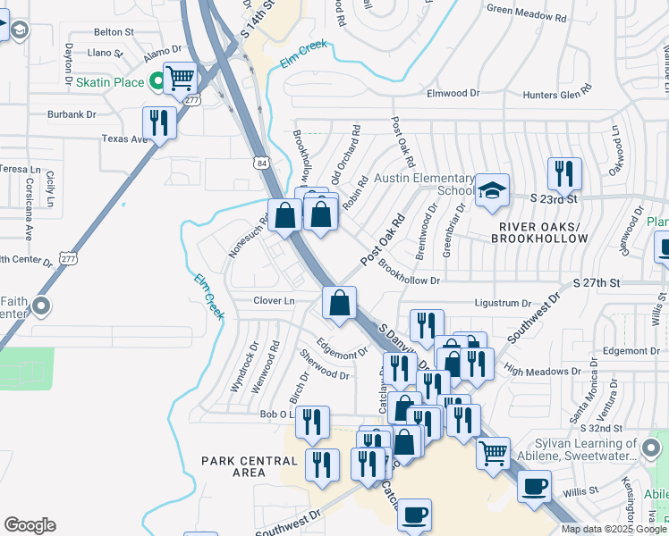 map of restaurants, bars, coffee shops, grocery stores, and more near 2501 South Danville Drive in Abilene