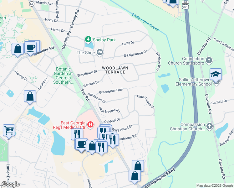 map of restaurants, bars, coffee shops, grocery stores, and more near 213 Wildwood Drive in Statesboro