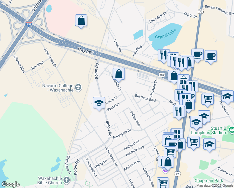 map of restaurants, bars, coffee shops, grocery stores, and more near 104 Trey Court in Waxahachie