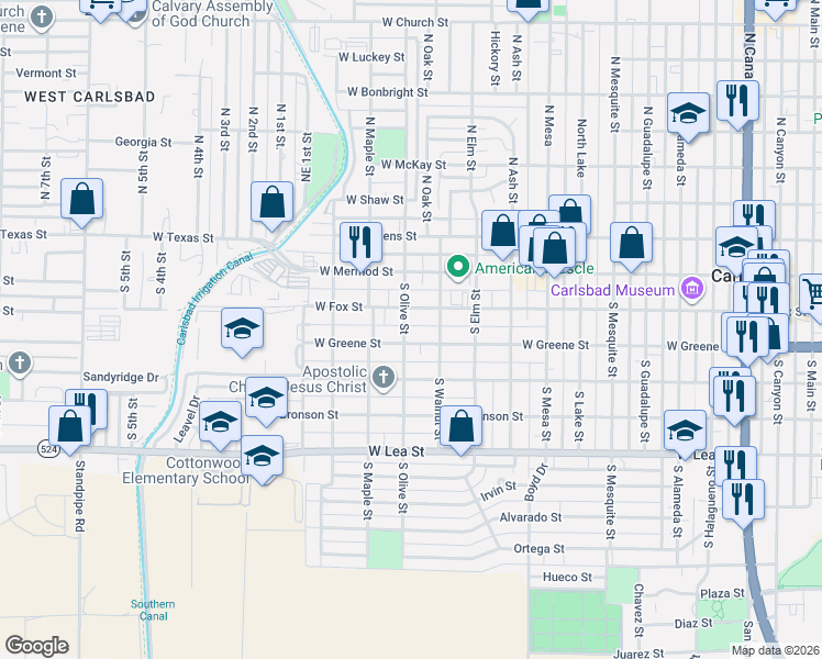 map of restaurants, bars, coffee shops, grocery stores, and more near 1301-1305 West Greene Street in Carlsbad