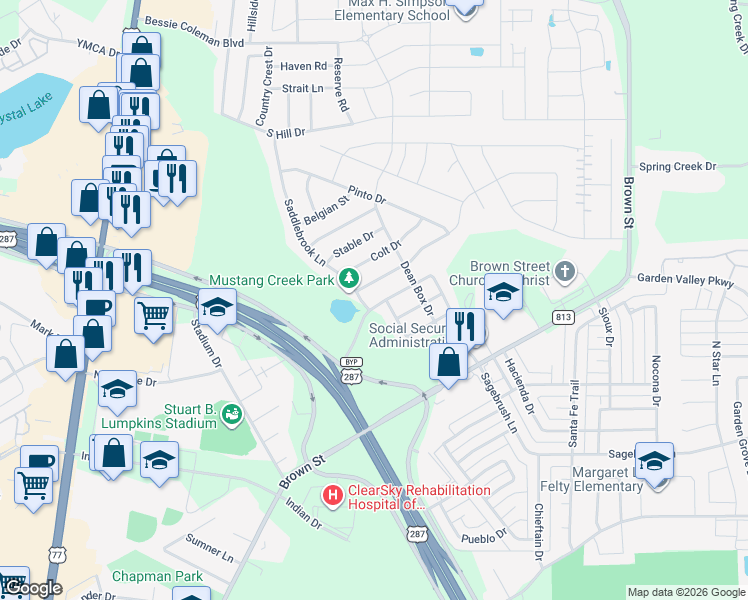 map of restaurants, bars, coffee shops, grocery stores, and more near 203 Palomino Drive in Waxahachie