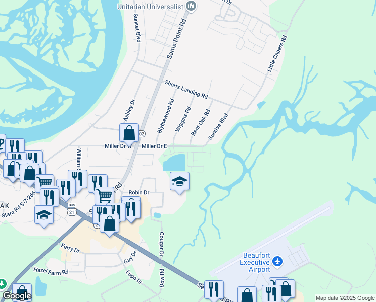 map of restaurants, bars, coffee shops, grocery stores, and more near 44 Miller Drive East in Beaufort