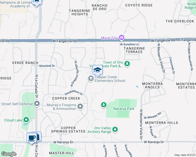 map of restaurants, bars, coffee shops, grocery stores, and more near 11620 North Copper Spring Trail in Oro Valley