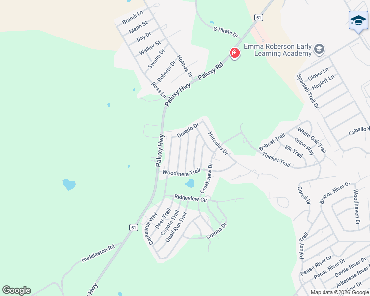 map of restaurants, bars, coffee shops, grocery stores, and more near 2303 Woodview Trail in Granbury