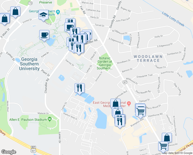 map of restaurants, bars, coffee shops, grocery stores, and more near 7 University Place in Statesboro