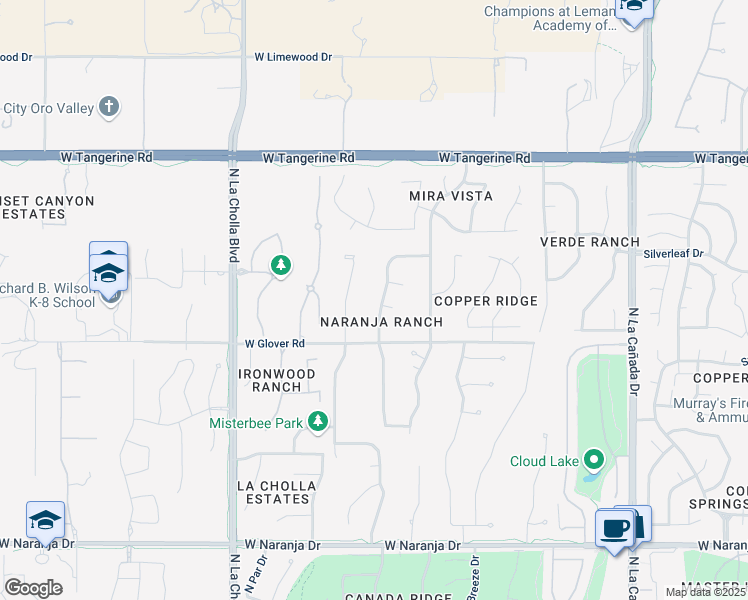 map of restaurants, bars, coffee shops, grocery stores, and more near 11650 North Vía De La Verbenita in Oro Valley