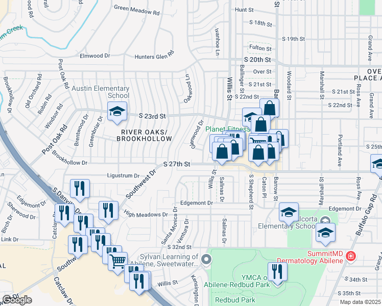 map of restaurants, bars, coffee shops, grocery stores, and more near 3349 South 27th Street in Abilene