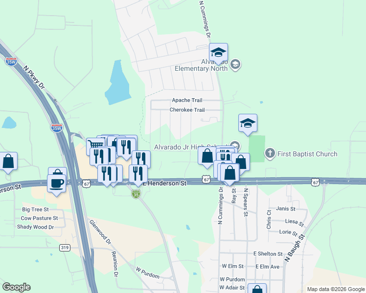 map of restaurants, bars, coffee shops, grocery stores, and more near 208 Comanche Trail in Alvarado