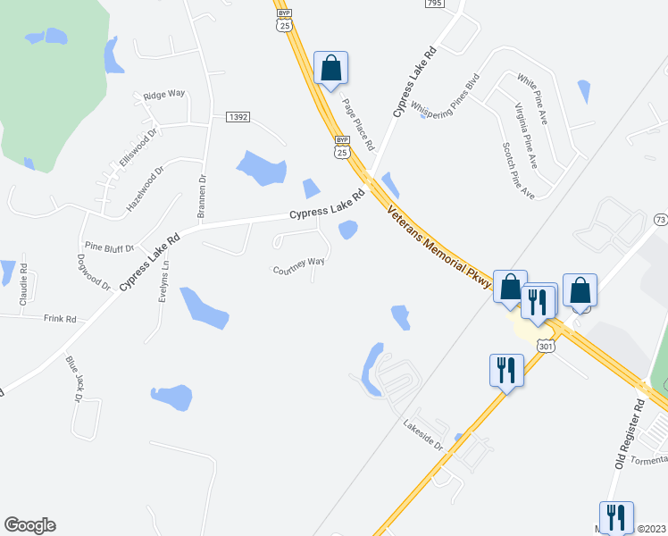 map of restaurants, bars, coffee shops, grocery stores, and more near 210 Courtney Way in Statesboro